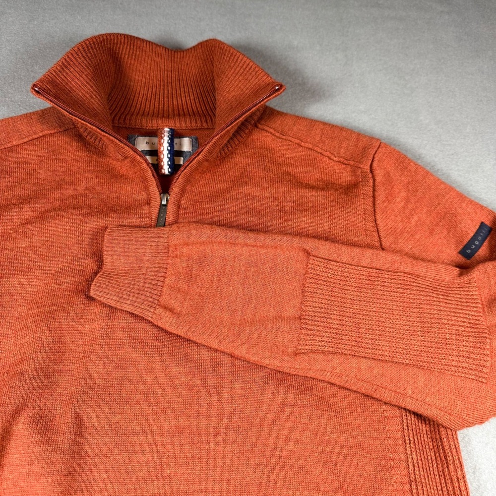 Bugatti Mens Quarter Zip Sweater Size M Orange Wool Mix Ribbed Knit Pullover